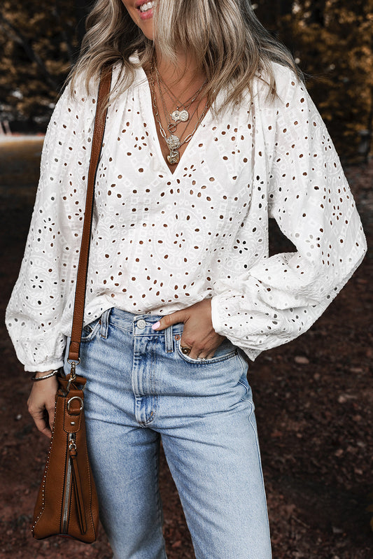 Paige Eyelet Embroidered Puff Sleeve Blouse-0